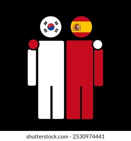 As bandeiras nacionais da Coreia do Sul e da Espanha com o corpo abraçando. Ilustração isolada de vetor.