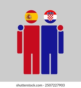 The national flags of Spain and Croatia with embracing body. Isolated vector illustration, gray background.
