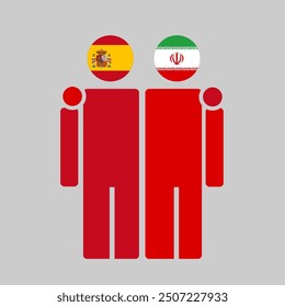 The national flags of Spain and Iran with embracing body. Isolated vector illustration, gray background.