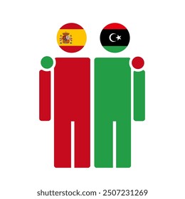 The national flags of Spain and Libya with embracing body. Isolated vector illustration, black background.