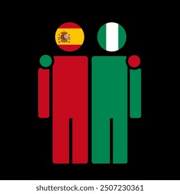 The national flags of Spain and Nigeria with embracing body. Isolated vector illustration, black background.
