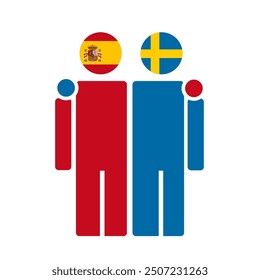 The national flags of Spain and Sweden with embracing body. Isolated vector illustration, black background.