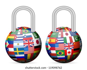 National flags sphere padlock on white background.
