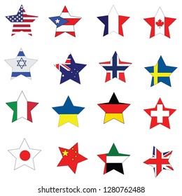 National flags star collection of multiple contries on plain white background