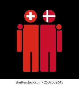 The national flags of Switzerland and Denmark with embracing body. Isolated vector illustration.