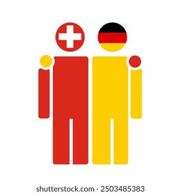 The national flags of Switzerland and Germany with embracing body. Isolated vector illustration, white background.