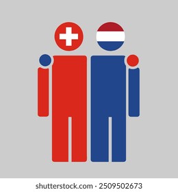 The national flags of Switzerland and Netherlands with embracing body. Isolated vector illustration.