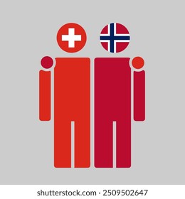 The national flags of Switzerland and Norway with embracing body. Isolated vector illustration.