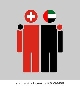 The national flags of Switzerland and UAE with embracing body. Isolated vector illustration.