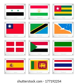 National Flags of Syria, Tajikistan, Togo, Taiwan, Tanzania, Tierra del Fuego, Sovereign Military Order of Malta, Sudan, Tatarstan, Spain, Sri Lanka and Thailand on Metal Texture Plates. 