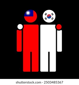 The national flags of Taiwan and South Korea with embracing body. Isolated vector illustration, black background.