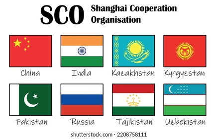 The national flags of TEN countries which are full member states of the Shanghai Cooperation Organization (SCO) international alliance