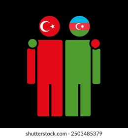 The national flags of Turkey and Azerbaijan with embracing body. Isolated vector illustration, black background.