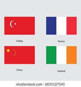 National Flags of Turkey France China and Ireland