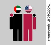 The national flags of UAE and USA with embracing body. Isolated vector illustration, gray background.