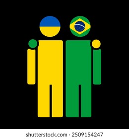 The national flags of Ukraine and Brazil with embracing body. Isolated vector illustration.