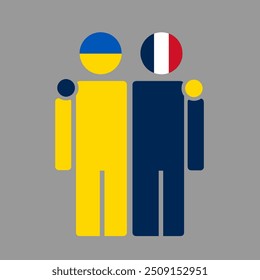 The national flags of Ukraine and France with embracing body. Isolated vector illustration.