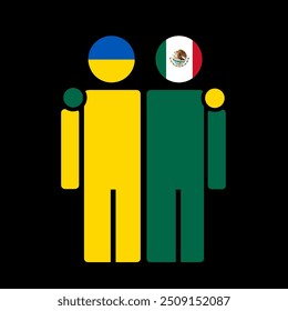 The national flags of Ukraine and Mexico with embracing body. Isolated vector illustration.
