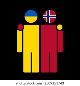 The national flags of Ukraine and Norway with embracing body. Isolated vector illustration.
