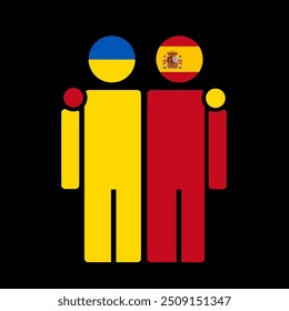 The national flags of Ukraine and Spain with embracing body. Isolated vector illustration.