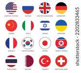 National flags of the United States, Russia, China, Britain, Germany and other countries. Standard colors. Circular icon. Digital illustration. Computer illustration. Vector illustration.