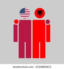 The national flags of USA and Albania with embracing body. Isolated vector illustration.