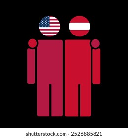 The national flags of USA and Austria with embracing body. Isolated vector illustration.