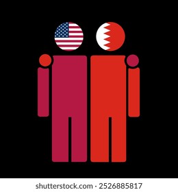 The national flags of USA and Bahrain with embracing body. Isolated vector illustration.