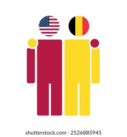 The national flags of USA and Belgium with embracing body. Isolated vector illustration.