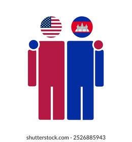The national flags of USA and Cambodia with embracing body. Isolated vector illustration.