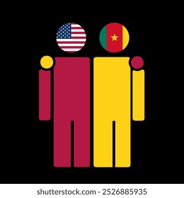 The national flags of USA and Cameroon with embracing body. Isolated vector illustration.