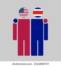 Die Nationalflaggen der USA und Costa Rica mit umarmenden Körper. Isolierte Vektorgrafik.