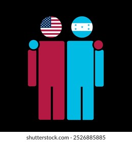 The national flags of USA and Honduras with embracing body. Isolated vector illustration.