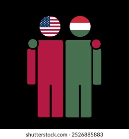 The national flags of USA and Hungary with embracing body. Isolated vector illustration.