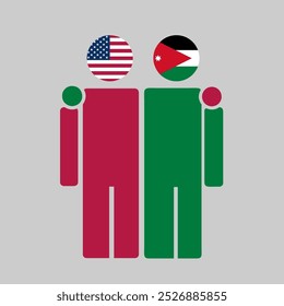 The national flags of USA and Jordan with embracing body. Isolated vector illustration.