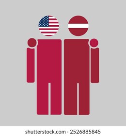 The national flags of USA and Latvia with embracing body. Isolated vector illustration.
