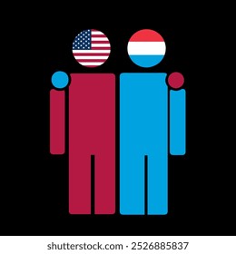 The national flags of USA and Luxembourg with embracing body. Isolated vector illustration.