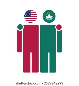 The national flags of USA and Macau China with embracing body. Isolated vector illustration.