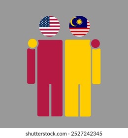 The national flags of USA and Malaysia with embracing body. Isolated vector illustration.