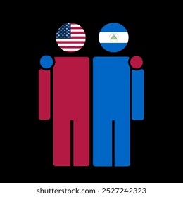 The national flags of USA and Nicaragua with embracing body. Isolated vector illustration.
