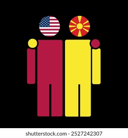 The national flags of USA and North Macedonia with embracing body. Isolated vector illustration.
