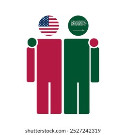 The national flags of USA and Saudi Arabia with embracing body. Isolated vector illustration.