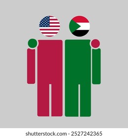 The national flags of USA and Sudan with embracing body. Isolated vector illustration.