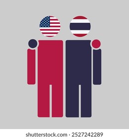 The national flags of USA and Thailand with embracing body. Isolated vector illustration.
