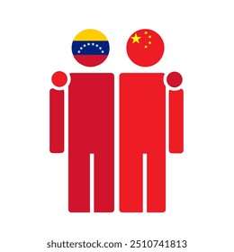 The national flags of Venezuela and China with embracing body. Isolated vector illustration.