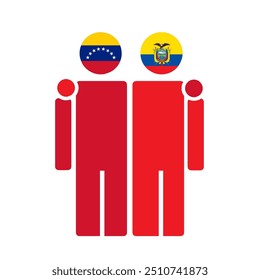 As bandeiras nacionais da Venezuela e do Equador com corpo abraçado. Ilustração isolada de vetor.