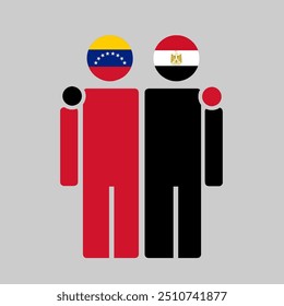 The national flags of Venezuela and Egypt with embracing body. Isolated vector illustration.