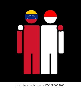 The national flags of Venezuela and Indonesia with embracing body. Isolated vector illustration.