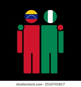 The national flags of Venezuela and Nigeria with embracing body. Isolated vector illustration.