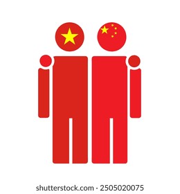 The national flags of Vietnam and China with embracing body. Isolated vector illustration, white background.